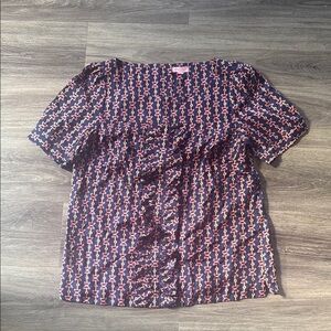 Lilly Pulitzer Silk Ruffled Short Sleeve Blouse 14 Navy Printed Exquisite Top